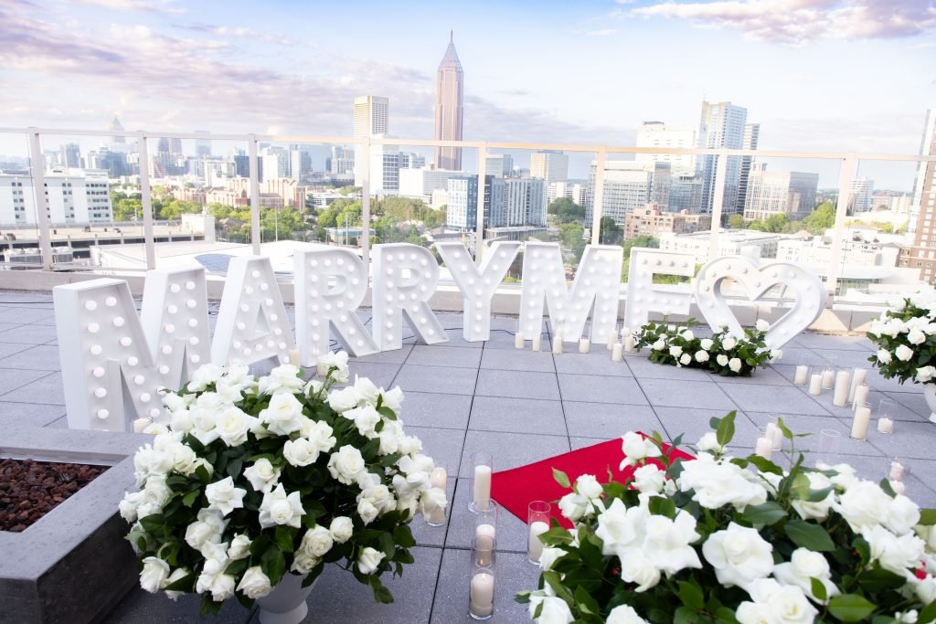 Engagement party venues in Atlanta featuring Ventanas rooftop views