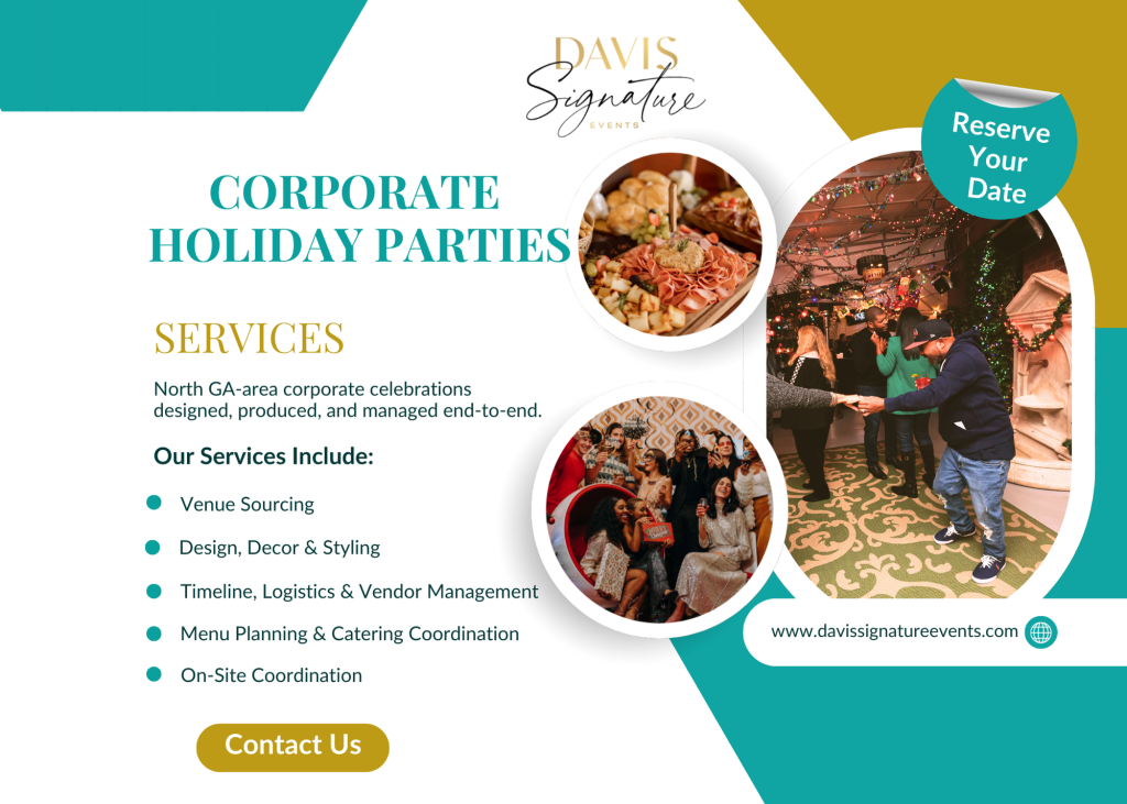 Flyer for Davis Signature Events corporate holiday party planning services in Atlanta and North Georgia.