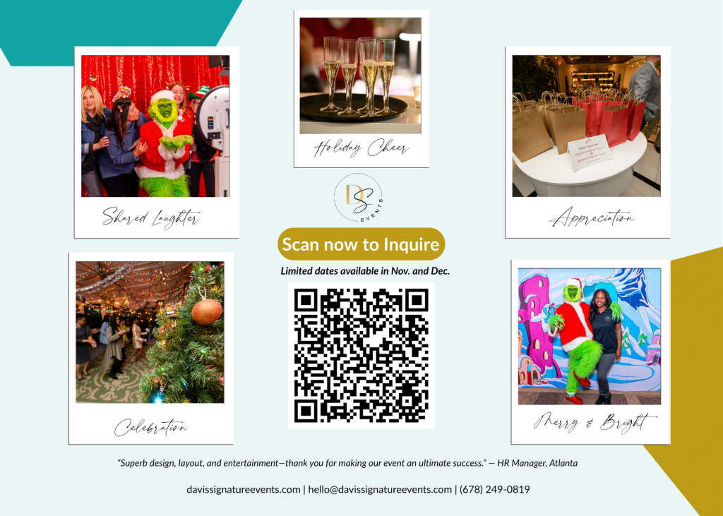 "Photo collage of a 'Whoville' themed corporate holiday party in Atlanta, planned by Davis Signature Events."