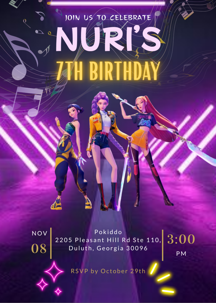 Custom K-Pop Demon Hunters birthday party invitation design for a kids birthday party in Duluth GA created by Davis Signature Events & Design.