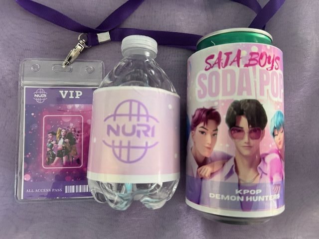 Custom K-Pop Demon Hunters party labels and branding designed for a kids birthday party Duluth GA.