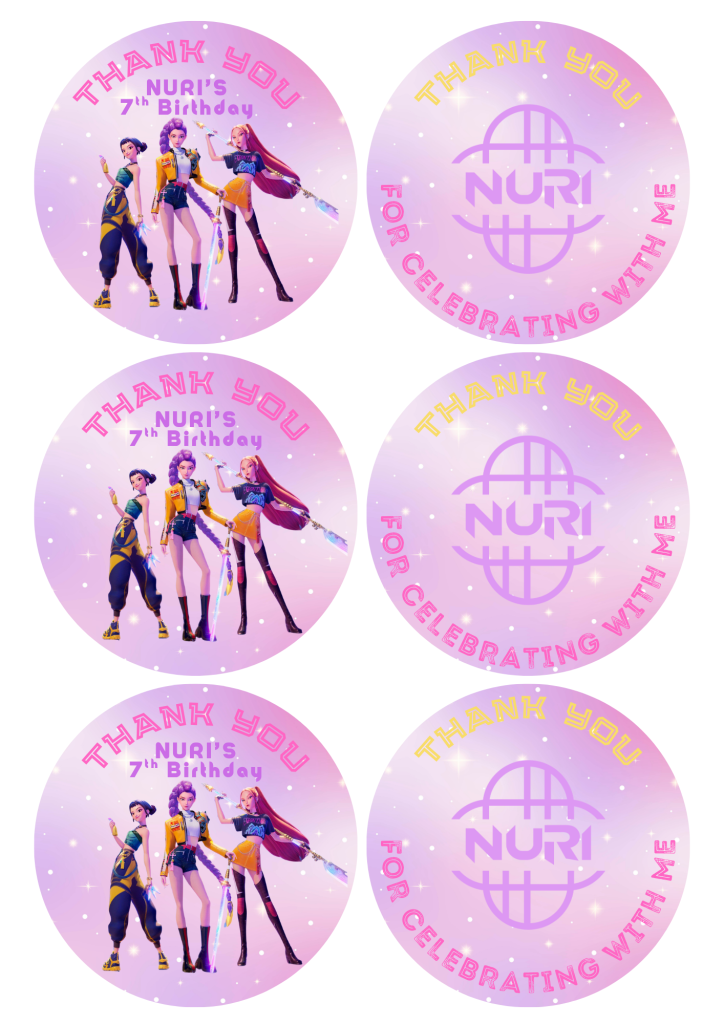 Custom K-Pop Demon Hunters party labels and branding designed for a kids birthday party Duluth GA.