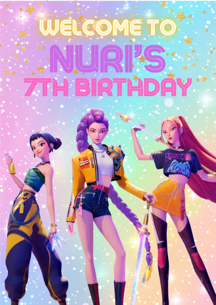 K-Pop Demon Hunters themed welcome sign for a kids birthday party at Pokkido Duluth GA designed by Davis Signature Events & Design.