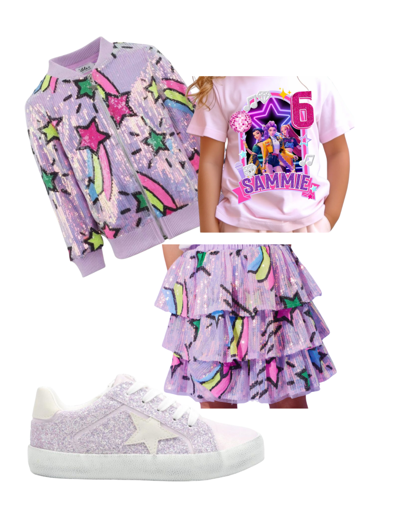 Lola and the Boys sparkly jacket and skirt outfit inspiration for a K-Pop themed birthday party.