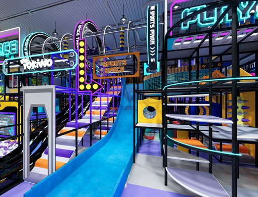 Interior of Pokkido Duluth GA showing trampolines, slides, and adventure play features for kids birthday parties.